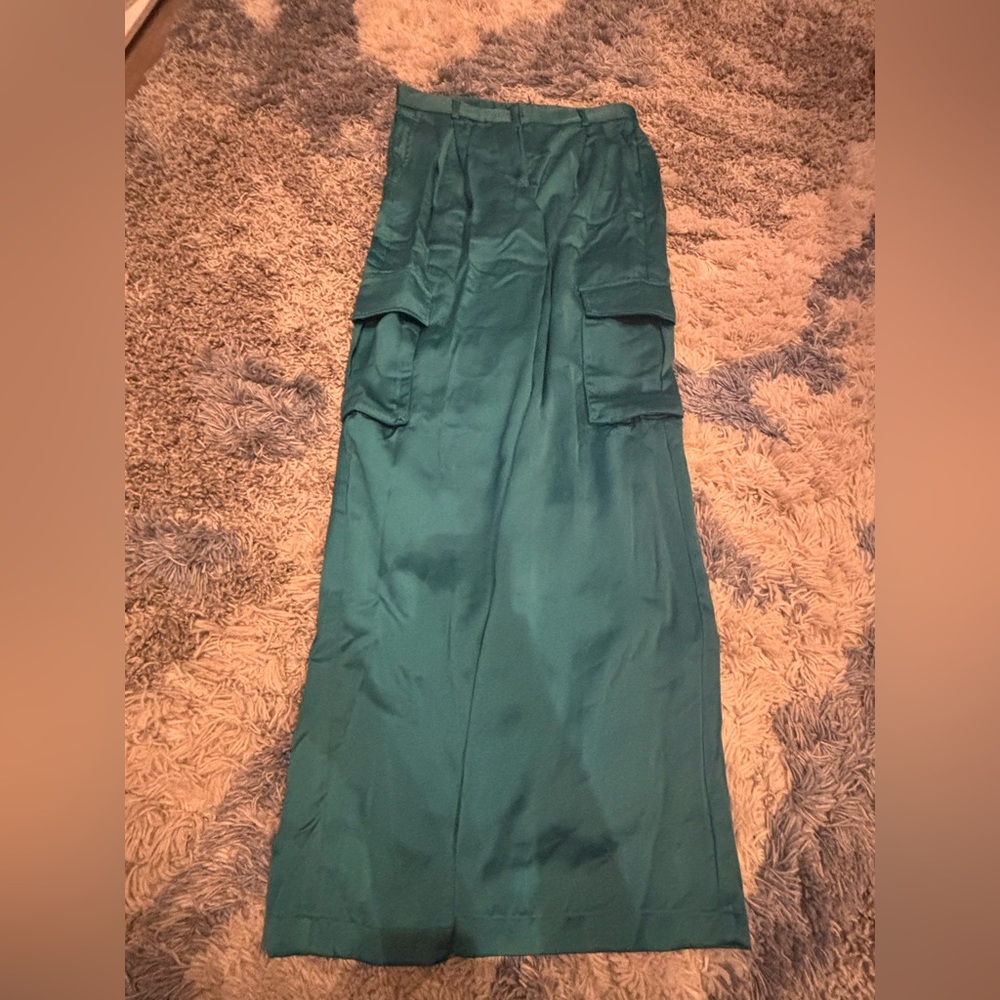 Teal Satin Maxi Skirt with Pockets